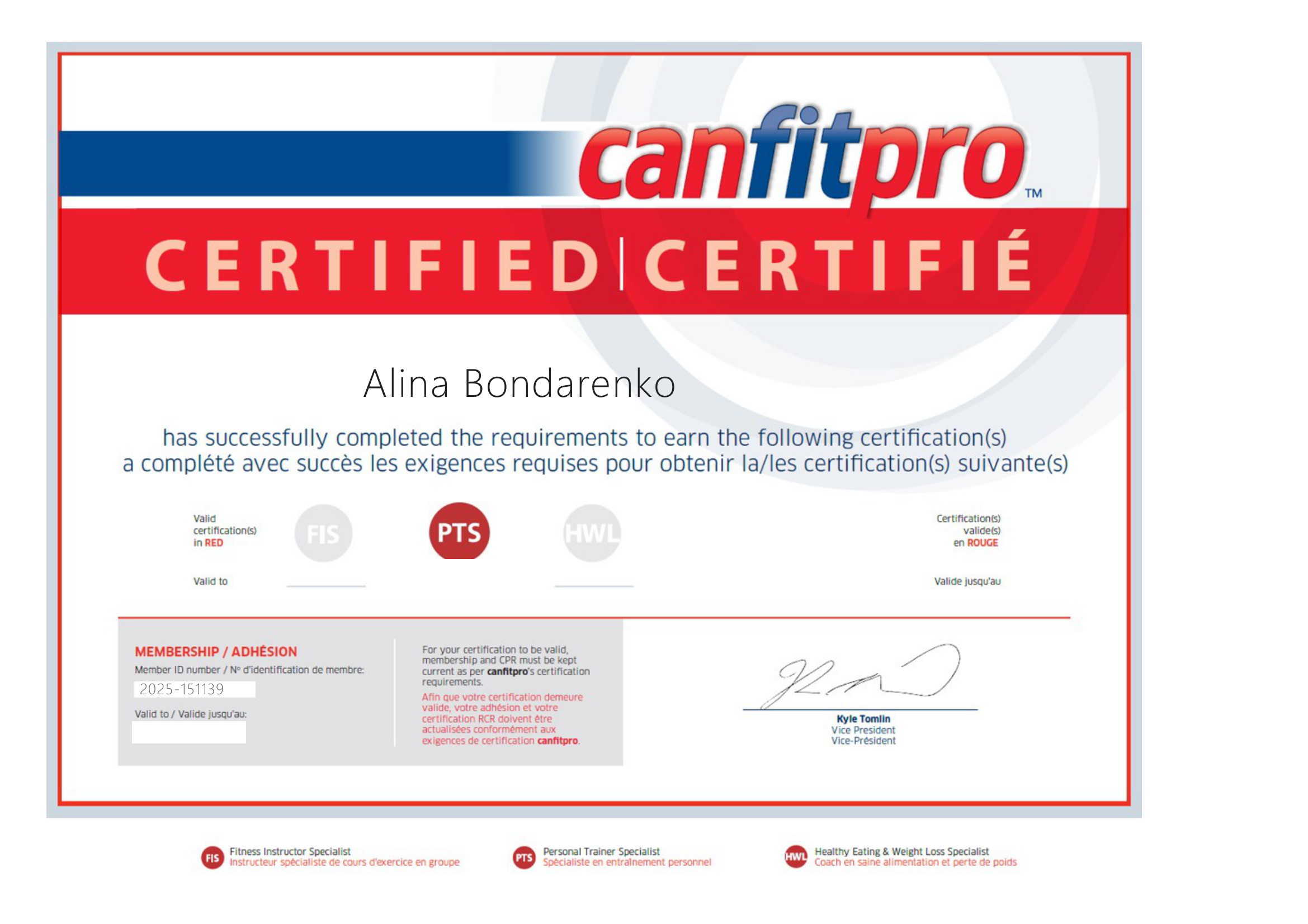 canfitpro Personal Training Specialist certificate — Alina Bondarenko